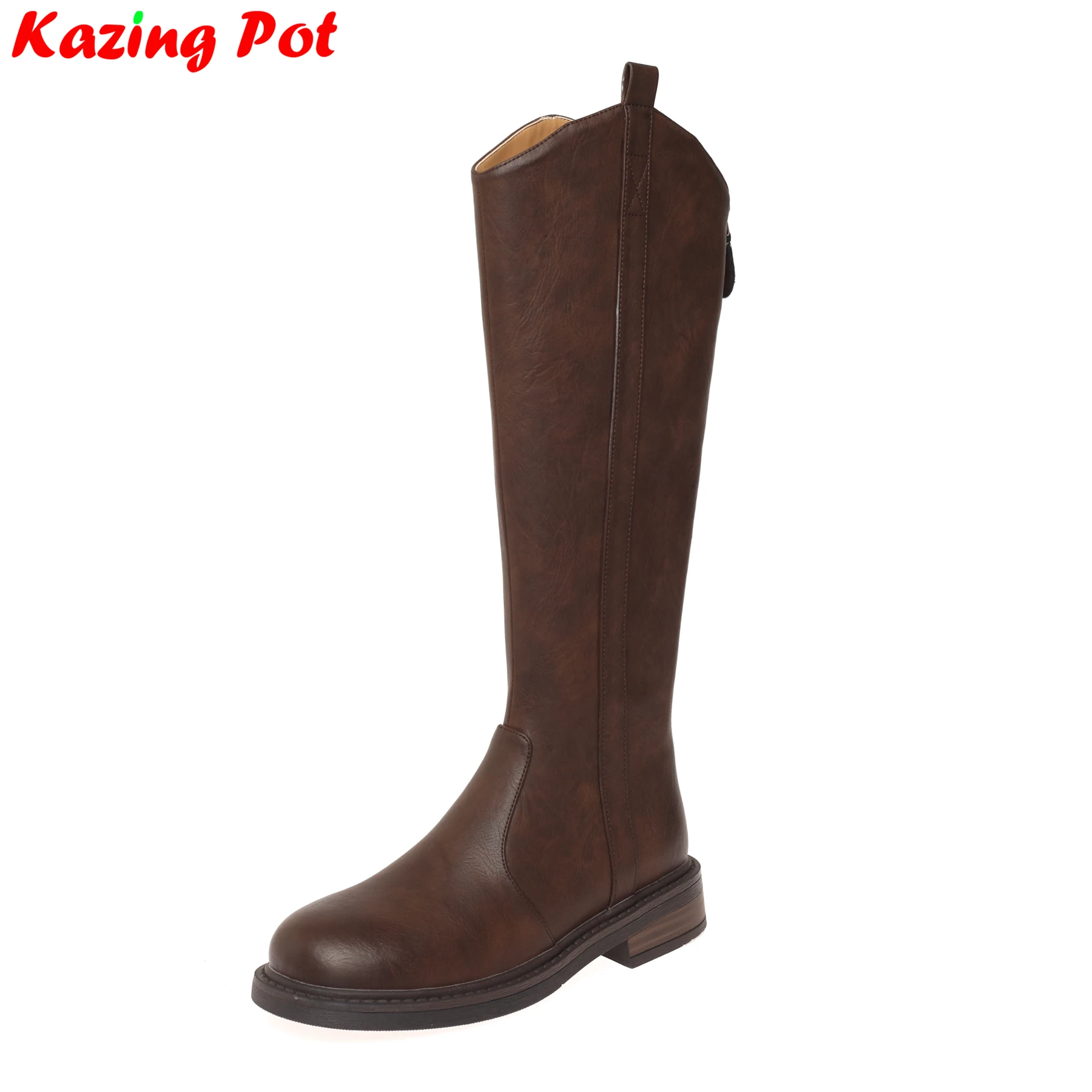 Krazing Pot Cow Leather Vintage Med Heels Riding Long Boots Warm Winter Shoes Dating Gifts Zipper Concise Women Knee-high Boots