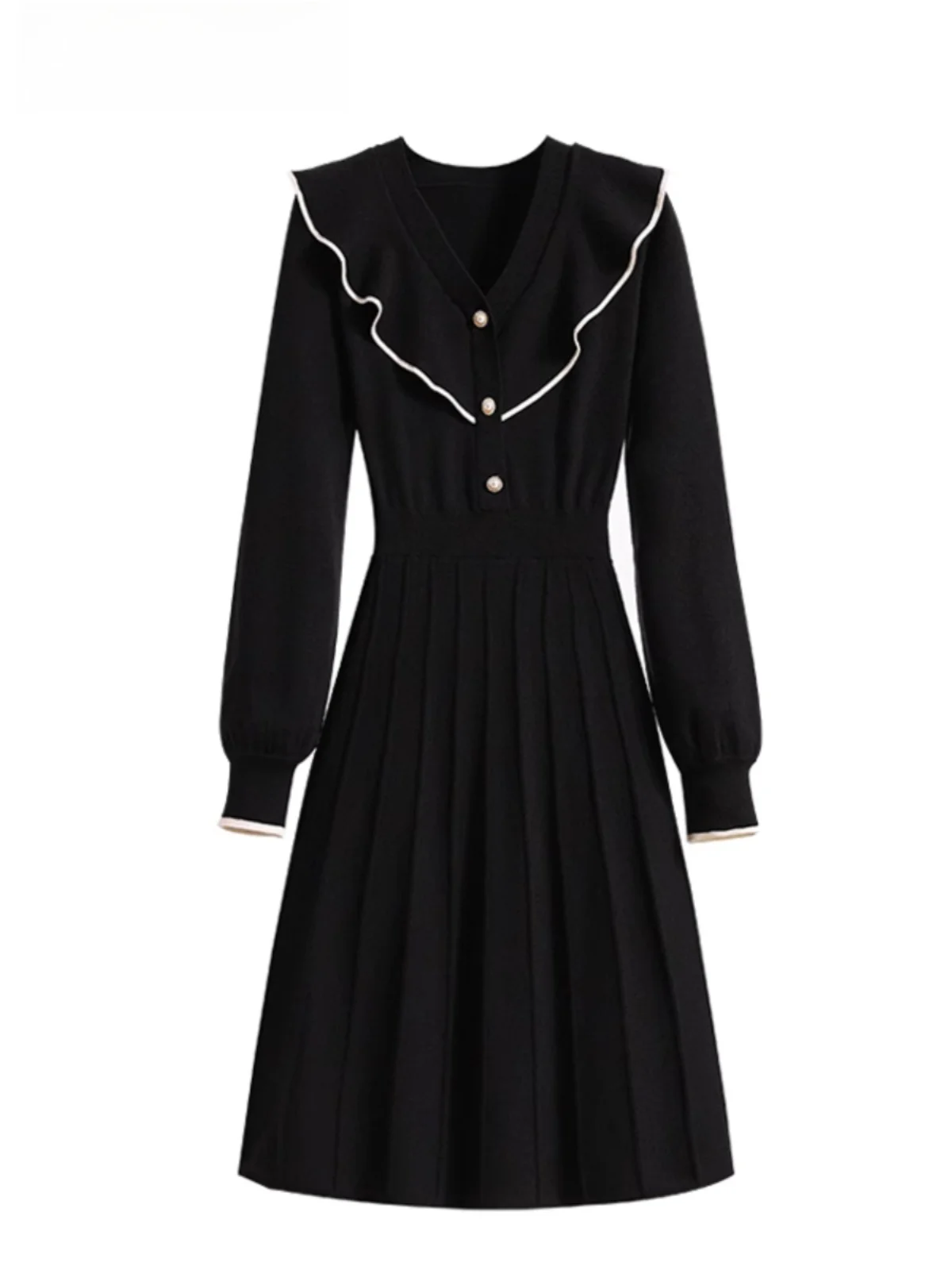 

plus Size Knitted Dr Women's V-Ne Spring New Sle Faionable Pleated Korean Sle Slim Fit Long Sve Midi Dr