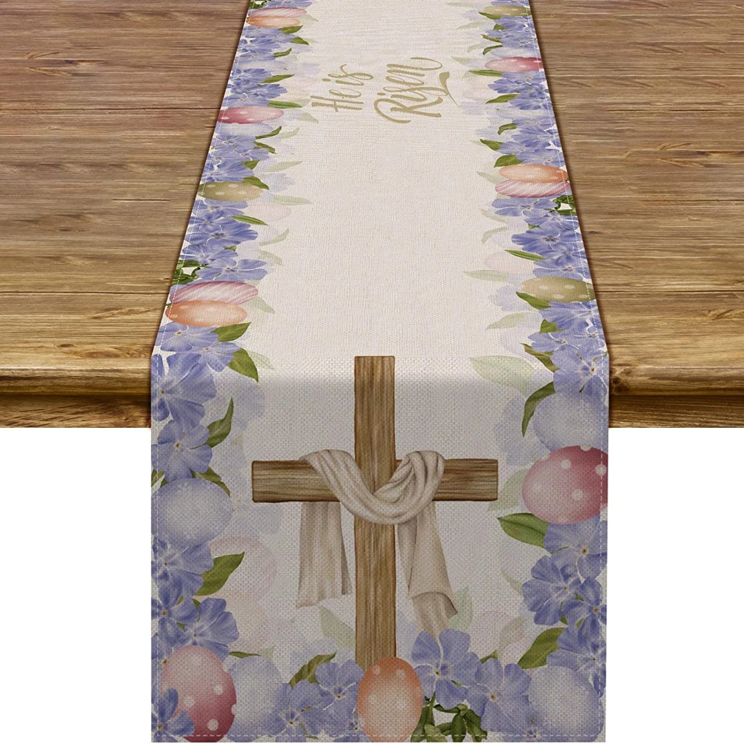 

Linen He Is Risen Table Runner Holiday Party Decoration Easter Egg Jesus Ressurrection Cross Kitchen Dining Tbale Decor