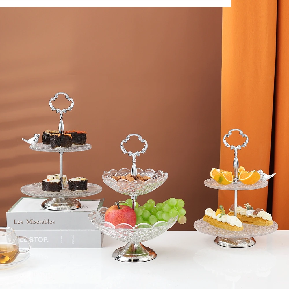 Light luxury silver double layer fruit plate living room decoration afternoon tea cake stand dessert snack