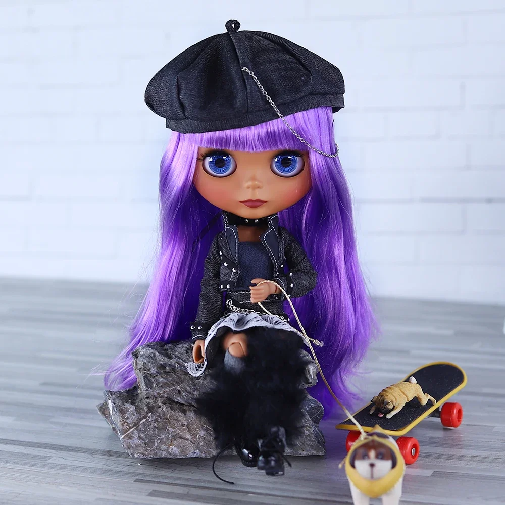 ICY DBS Blyth Doll 30cm Bright Purple Hair Dark Skin Matte Face Including Dress & Shoes Anime Girl Festival Gifts Birthday Gifts