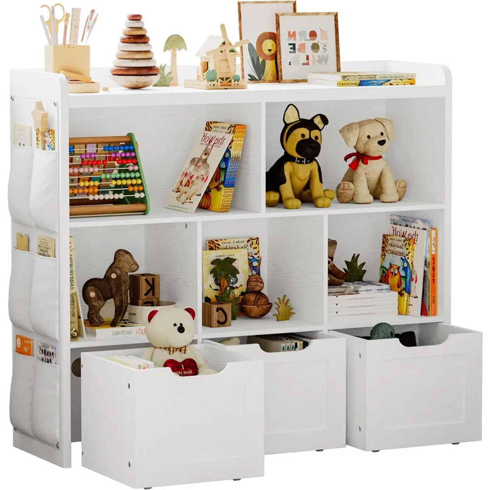 Toy Storage Organizer with 3 Movable Drawers, Multifunctional Floor Storage Cabinet Toy Chest with 5 Storage Cubbies, Bookcase