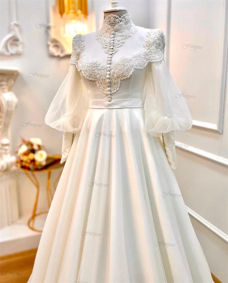 Lace Robe De Mariée Princesse Muslim Wedding Gowns for Women 2024 Bride High Neck Turkey Bridal Wedding Dress with Puffy Sleeves