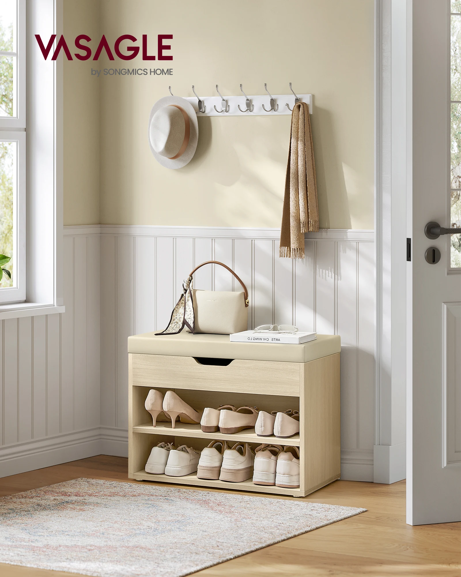 VASAGLE Bench Bench schoenenrek met gewatteerd kussen, 3-niveau schoenenorganizer, 30x60x44 cm voor gang