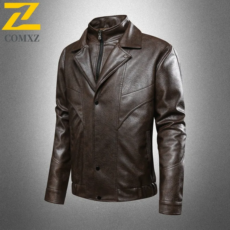 

COMXZ 2025 Autumn Men Leather Jacket Slim Stand-up Collar High-end Windproof Waterproof Motorcycle Style Leather Jacket for Men