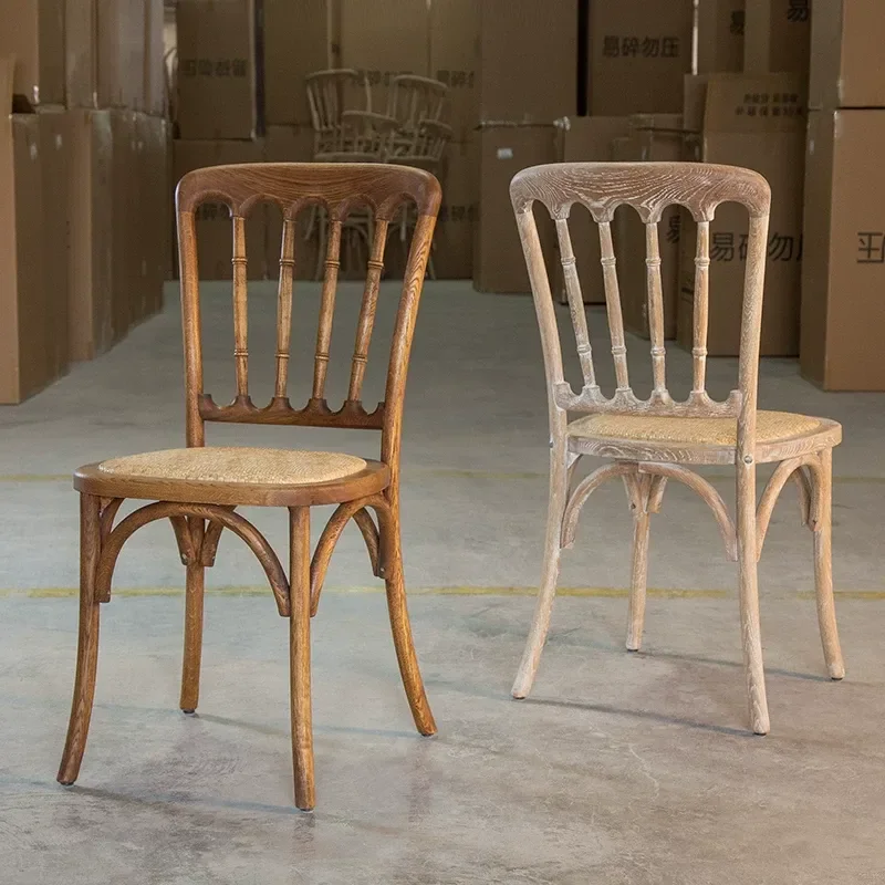 American Solid Wood Dining Chair Retro Woven Rattan Backrest Napoleon Style Bamboo Household Furniture Castle Design Seat