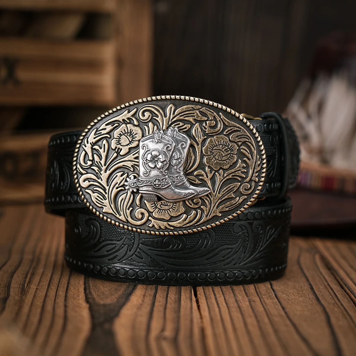 Men & Women-Western-Cowboy-PU Leather-Belts - Vintage Belt Floral Engraved Buckle Belt for Jeans