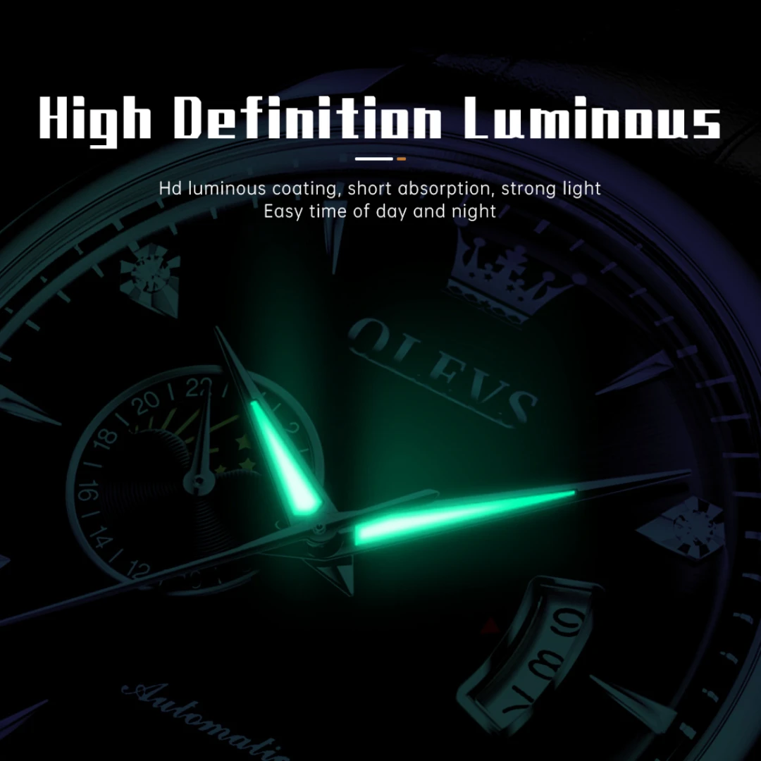 OLEVS 7040, модные механические часы, подарок, круглый циферблат, ремешок для часов из натуральной кожи, наручные часы с фазой Луны, светящийся календарь