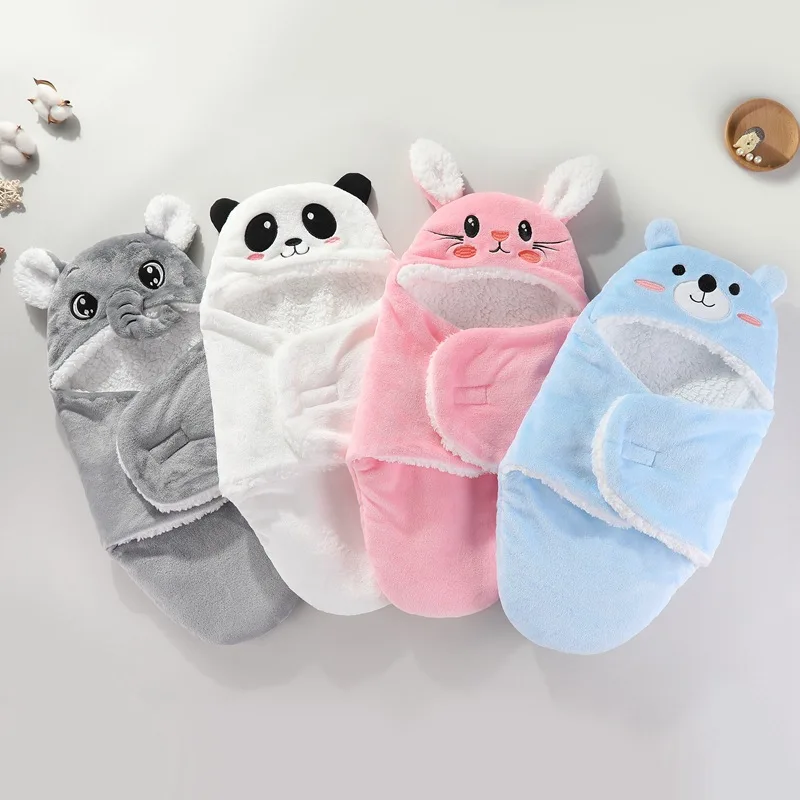 Cute Winter Newborn Blanket Swaddle Wrap Warm Lamb Wool Baby Sleeping Bag Cartoon Hooded New Born Cocoon Baby Blanket Sleepsack