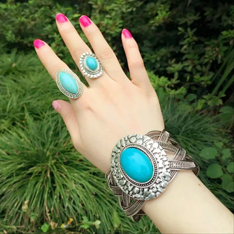 Vintage Ethnic Style Turquoise Bracelet for Women Open Wide Wrap Antique Silver Color Bangle Bracelets Boho Woman Accessories