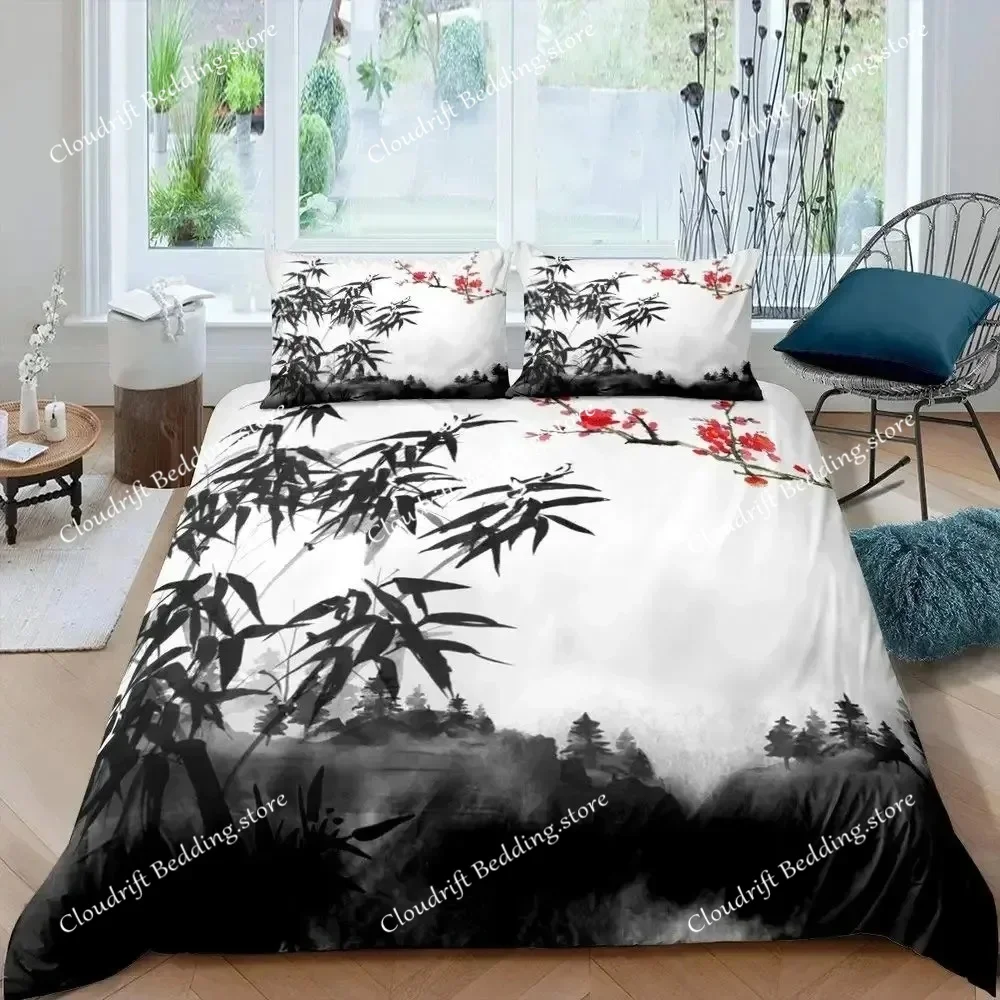 

Bamboo Duvet Cover Set Bamboo Branches Bedding Set Tree Print Comforter Cover Fashion Retro Floral Style Quilt Cover Queen Size