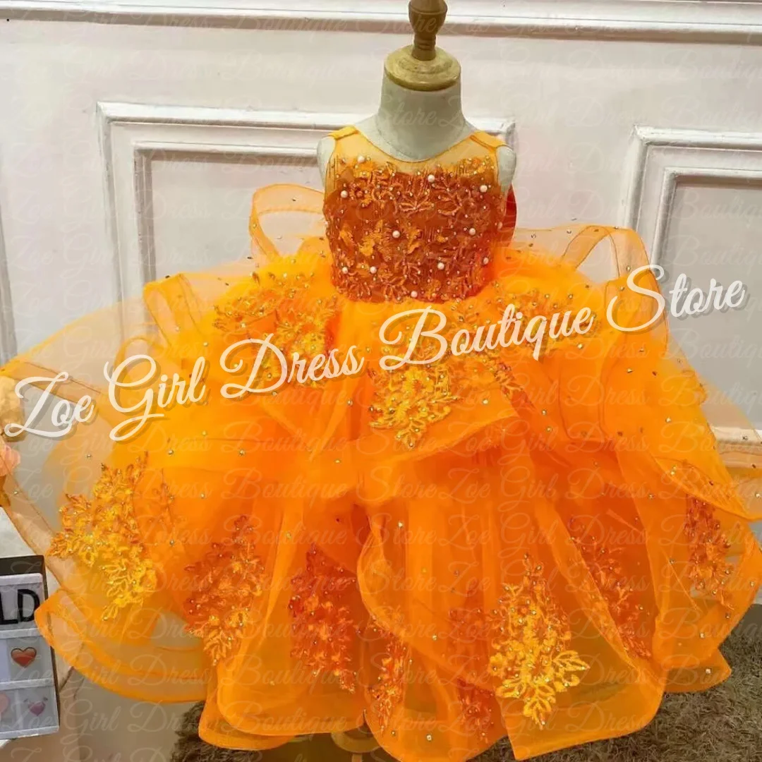 

Оранжевые платья с цветочным узором для девочек на свадьбу, бант, кружевные аппликации, бальные платья без рукавов с оборками, бальные платья на день рождения для маленьких девочек по индивидуальному заказу