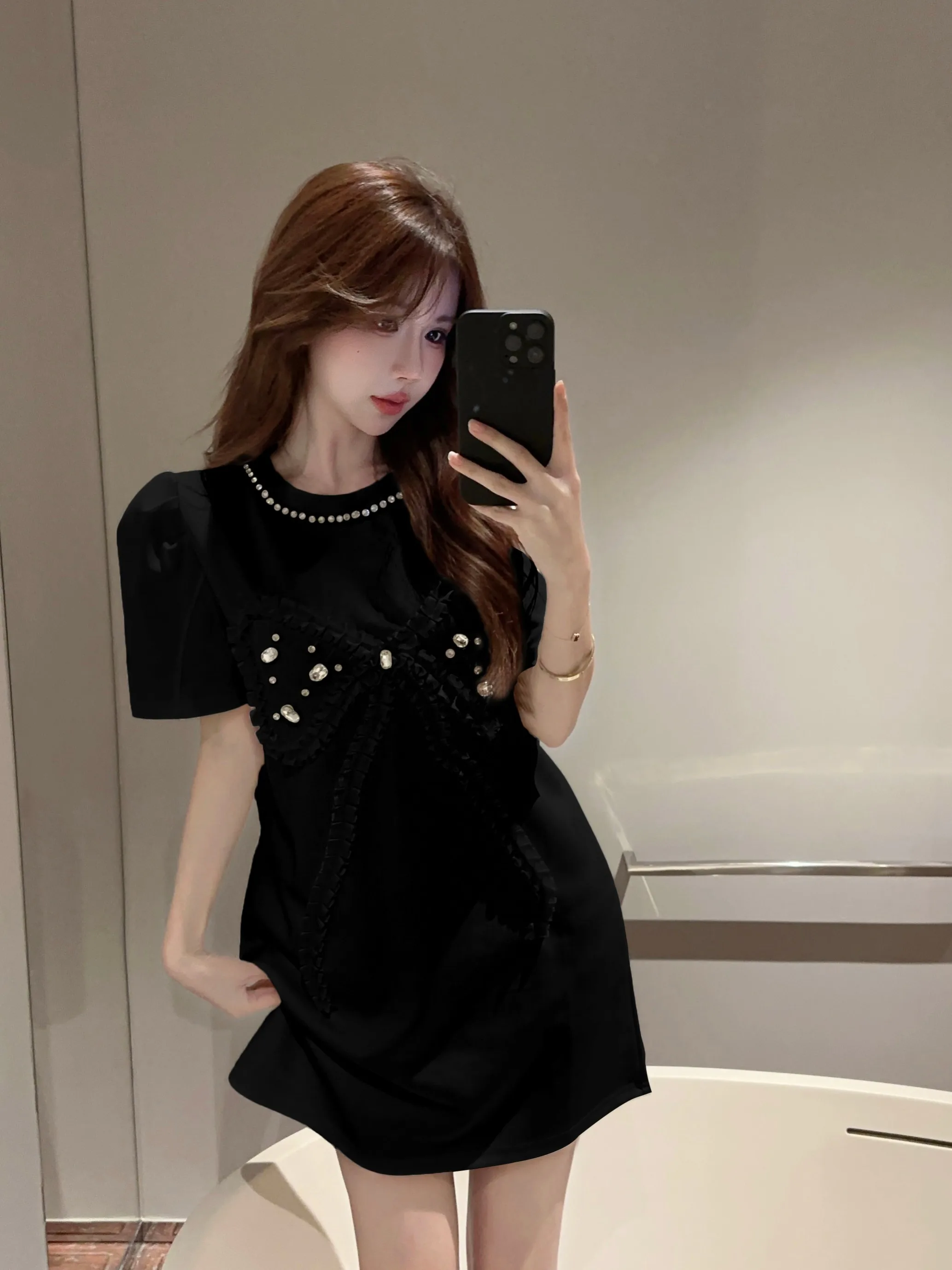 Mode nagel kraal helder diamant ontwerp korte mouw jurken zomer Franse zoete leeftijd verminderen westerse stijl casual T-shirt jurk