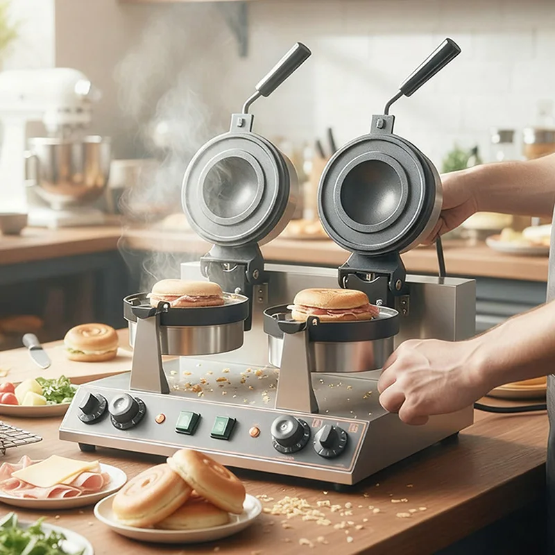 Máquina comercial giratoria de doble cabezal para hacer hamburguesas Ufo, gelato, semlor, paczki, krapfen, snacks y gofres de helado.