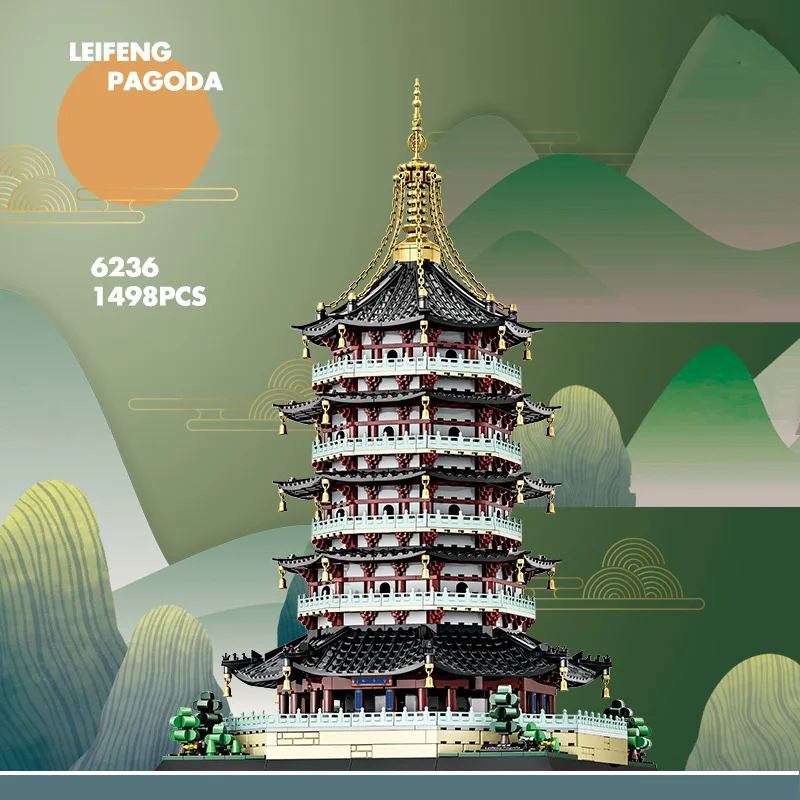 Bloco de arquitetura antiga histórica da China, torre de pagode Leifeng da China, construção criativa, coleção de brinquedos de tijolos