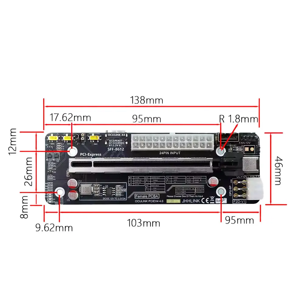 64G 8611 SFF8612 to PCIE External Expansion Board F2D PCIE 4.0 X4 Motherboard Oculink Graphics Dock Development Board