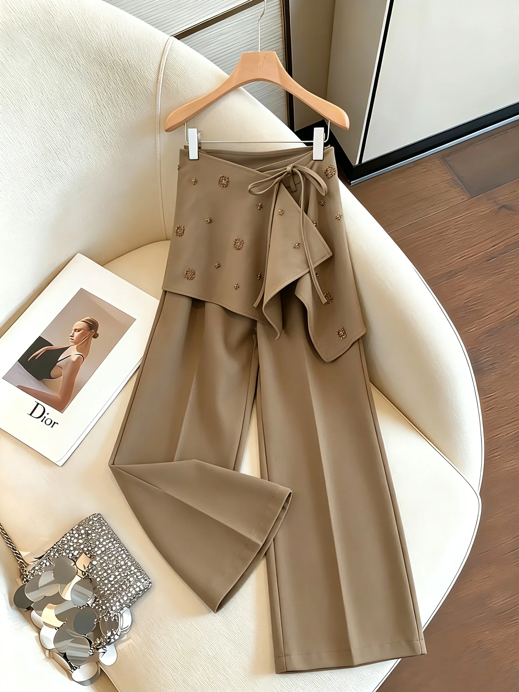 

Retro Coffee Color Patchwork High Waist Wide Leg Casual Pants Unisex Summer Design Slimming Effect Korean Style Straight Leg