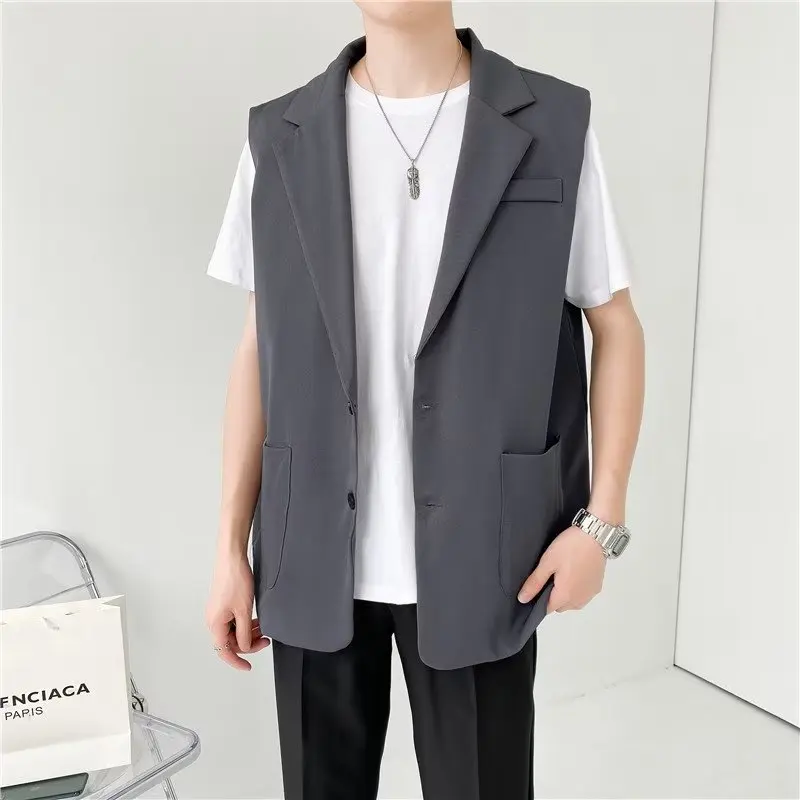 Grey Black Suit Vest Men Fashion Social Mens Dress Vest Korean Loose Sleeveless Blazer Mens Jacket Office Formal Vest M-2XL