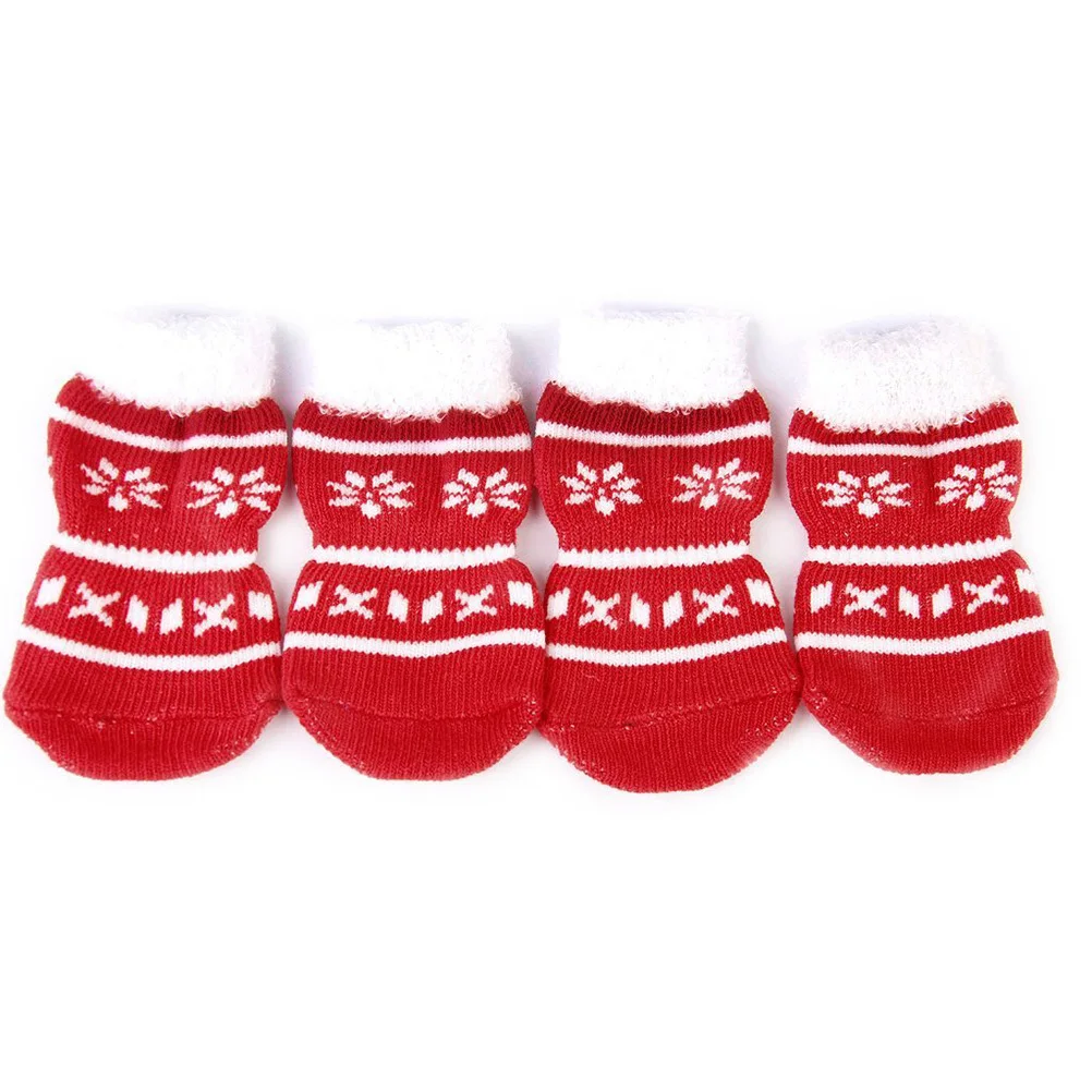 

4Pcs Christmas Pet Socks Cotton Non-Slip Red White L Size for Dog Cat Paw Protection Warmth Winter Outdoor Use