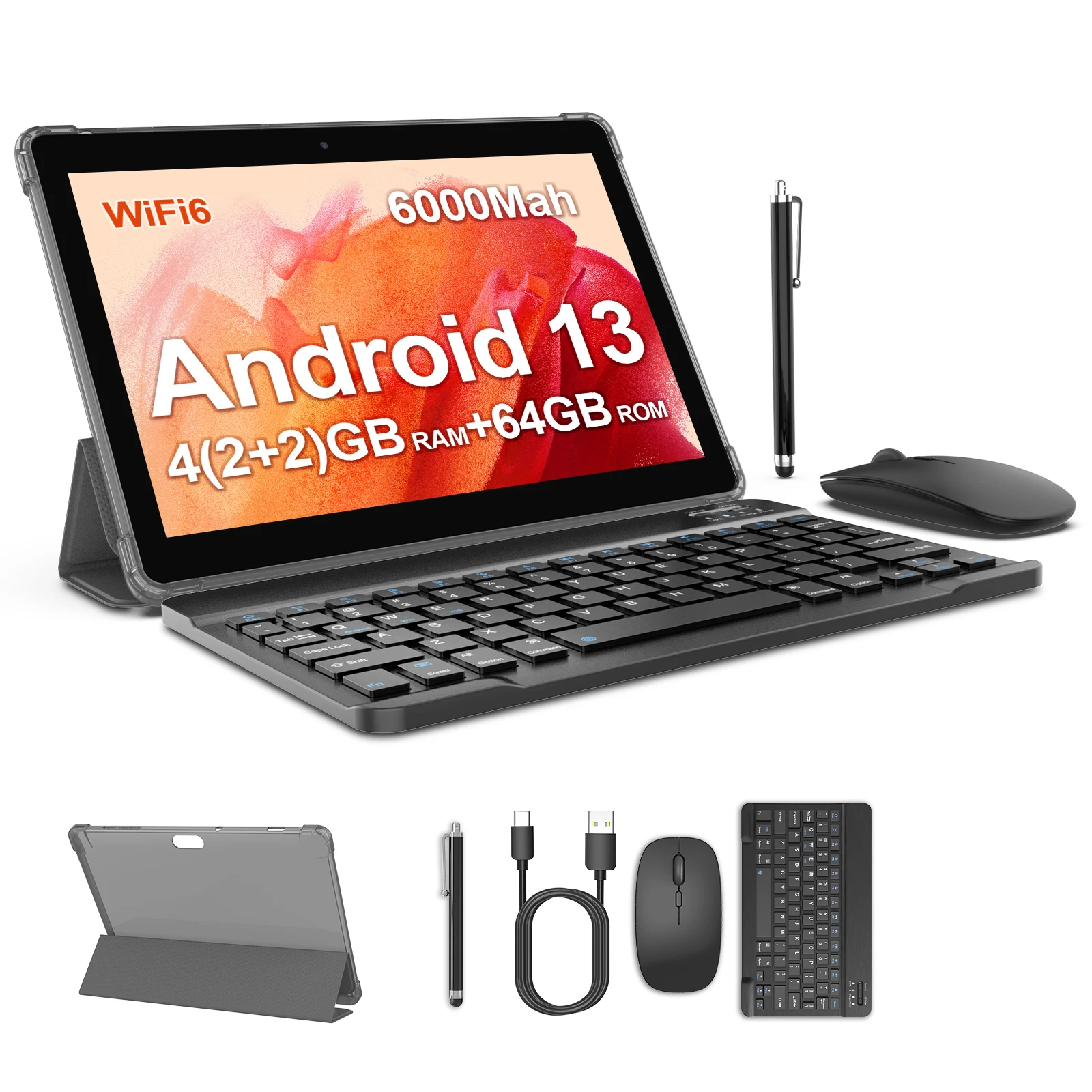 

10,1-дюймовый планшет BAKEN Android13, 4 (2+2) ГБ + 64 ГБ, четырехъядерный процессор, двойная камера, Wi-Fi, Bluetooth, бесплатные аксессуары