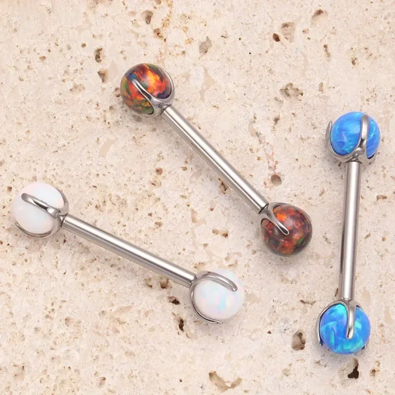 ASTM F136 Titanium Nipple Piercing 14G Internally Threaded Straight Barbell with Opal Tongue Ring Nipple Industrial Piercing