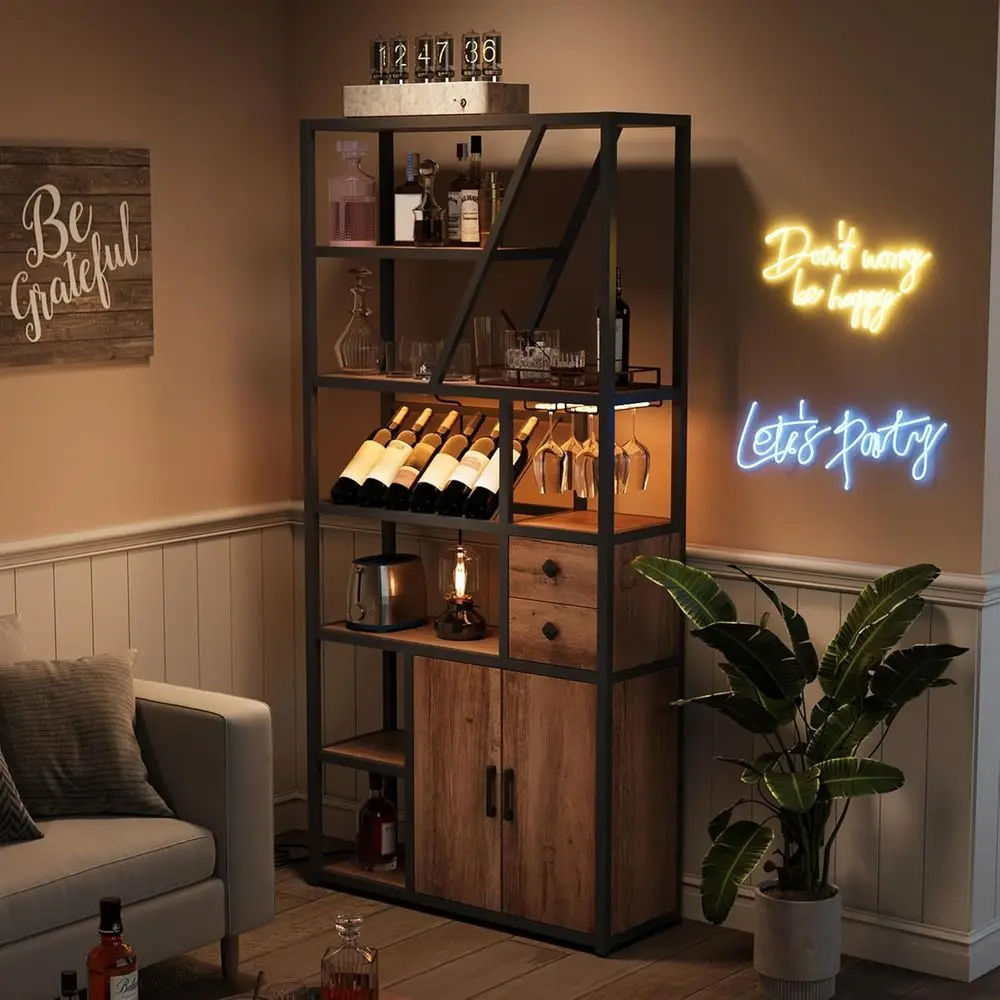 

Wine Bar Cabinet with LED Lights, Tall Coee Bar Station with Power Outlets and Wine Rack, Kitchen Microwave Stand Bakers Rack Ca