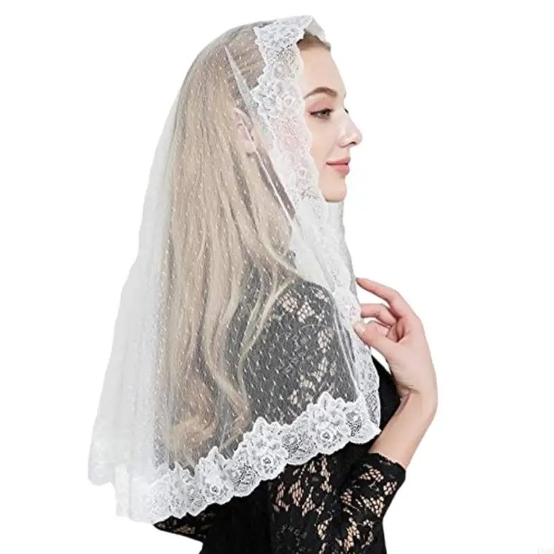 H58E Lace Border Bridal Veils Halloween Make Up Mantilla Length Appliques Elegant