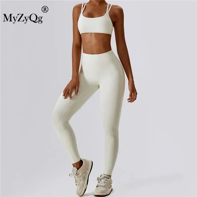 MyZyQg Women Yoga Two-piece Set Tight Cross Beauty Back Quick Dry Running Underwear Fitness Gym Pilate Vest Pant Suit Sportswear