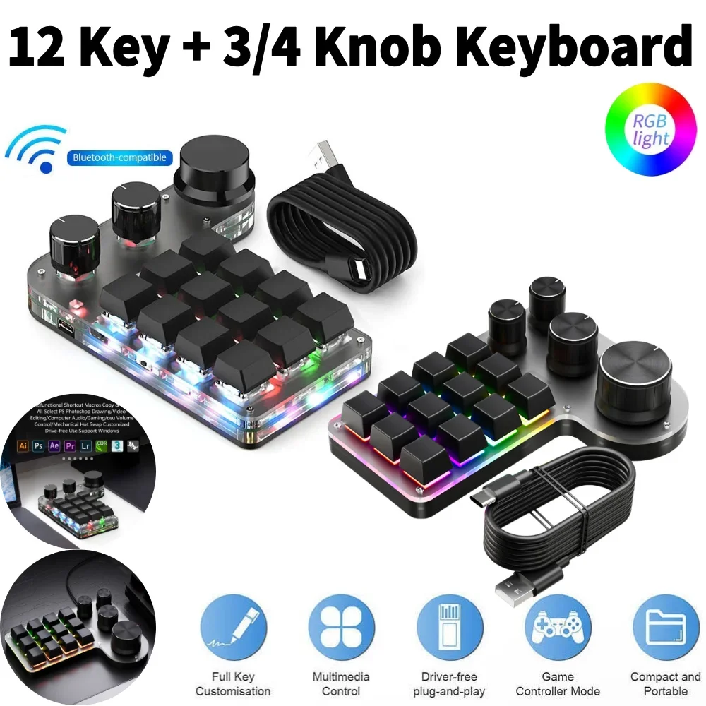 Bluetooth/USB Wired Programming Macro Custom 3/4 Knob RGB 12Key Copy Paste Photoshop Gaming Keypad Hot Swap for PC Macbook