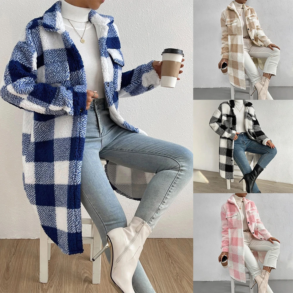 Outwear Jacke täglich Fleece für Urlaub Shacket Cardigan Trenchcoat Damen Tartan Check Jacke Plaid lange Jacke