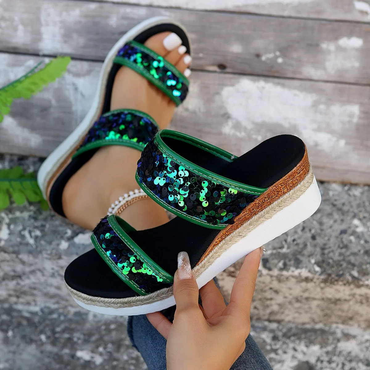 Green Glitter Wedge Sandals for Women Summer 2024 Beach Thick Platform Silver Slippers Shoes Woman Slip on Heels Sandalias 43