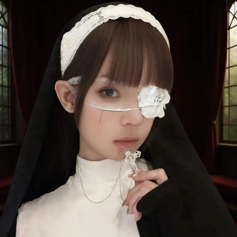 Women Sweet And Cool Black White Lace Bows Heart Cross Eye Mask Suitable For Halloween Theme Lolita Dark Gothic COS Accessories