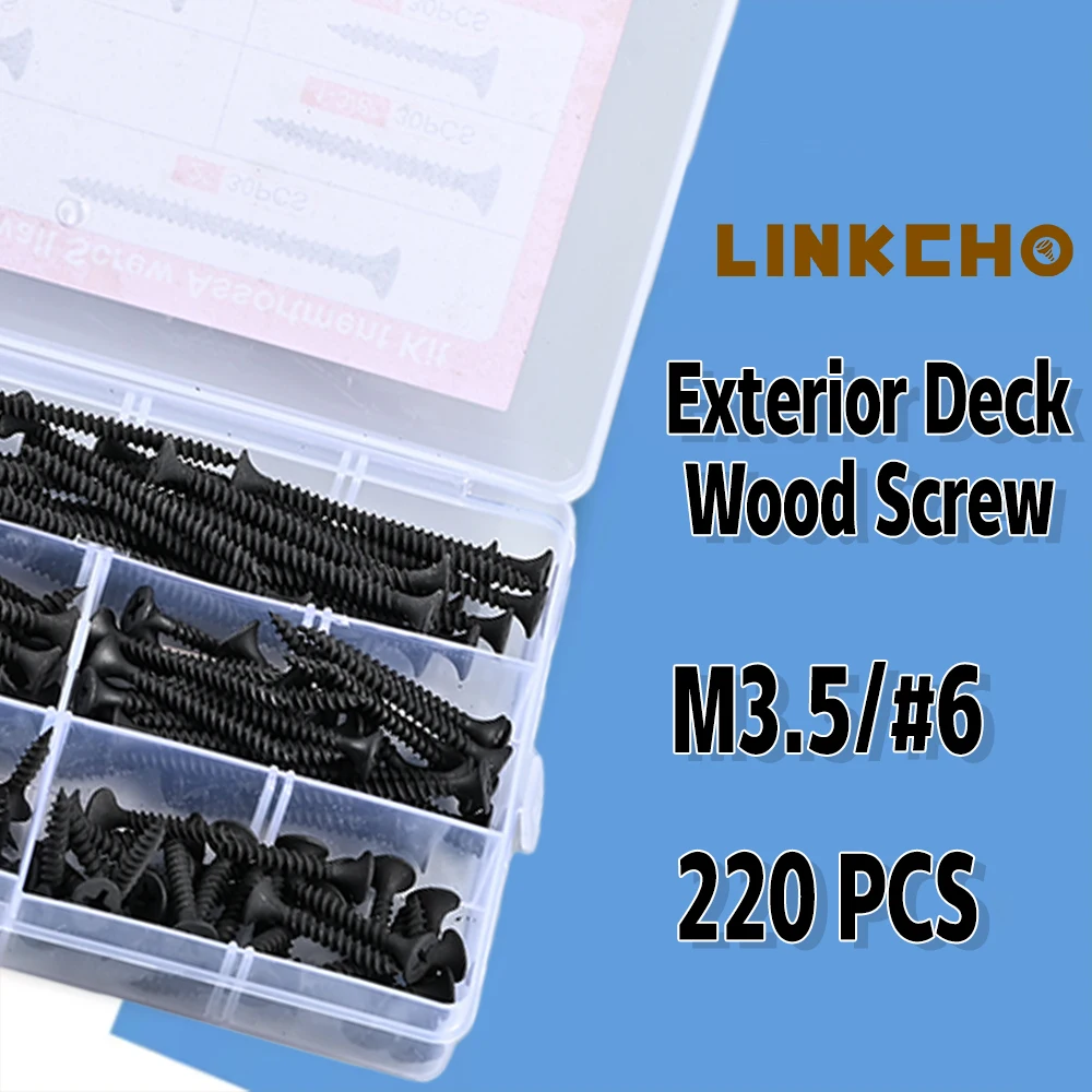 

220Pcs M3.5/#6 Black Hardened Wood Screws Kit Drywall Nails Cross Woodworking Self-Tapping Screws Home Improvement Tools and DIY