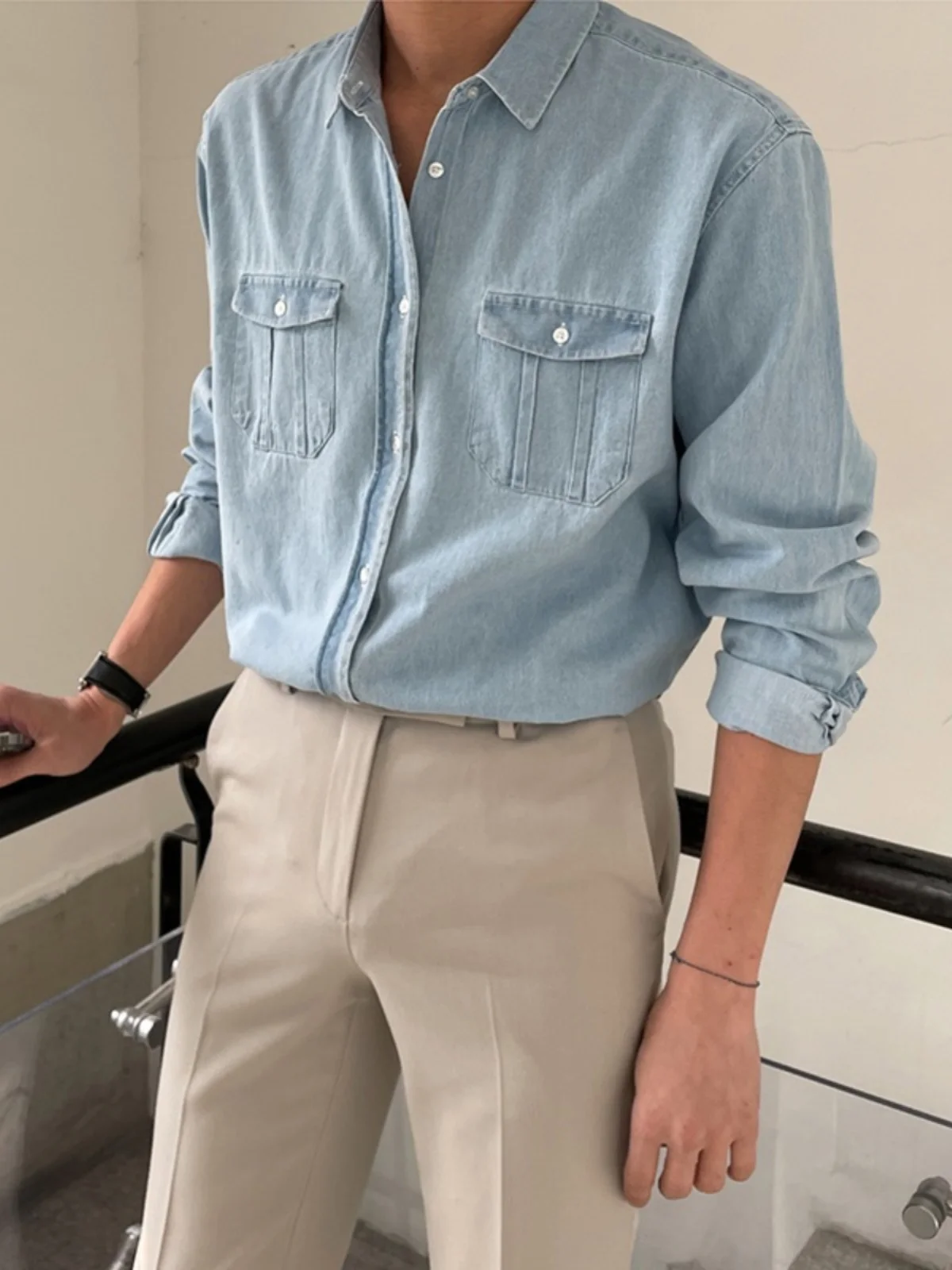 

Мужская джинсовая одежда irt, модная корейская повседневная верхняя одежда Long Sve Retro Faion, простая повседневная одежда с подставкой