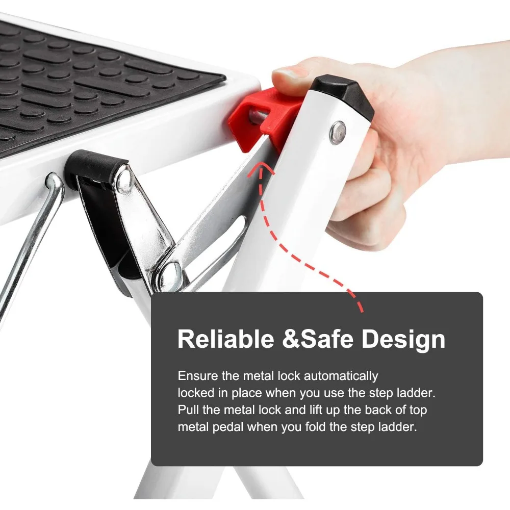 大人用の滑り止め付き幅広踏み板を備えた2段式の頑丈な金属製折りたたみスツール、軽量で持ち運び可能