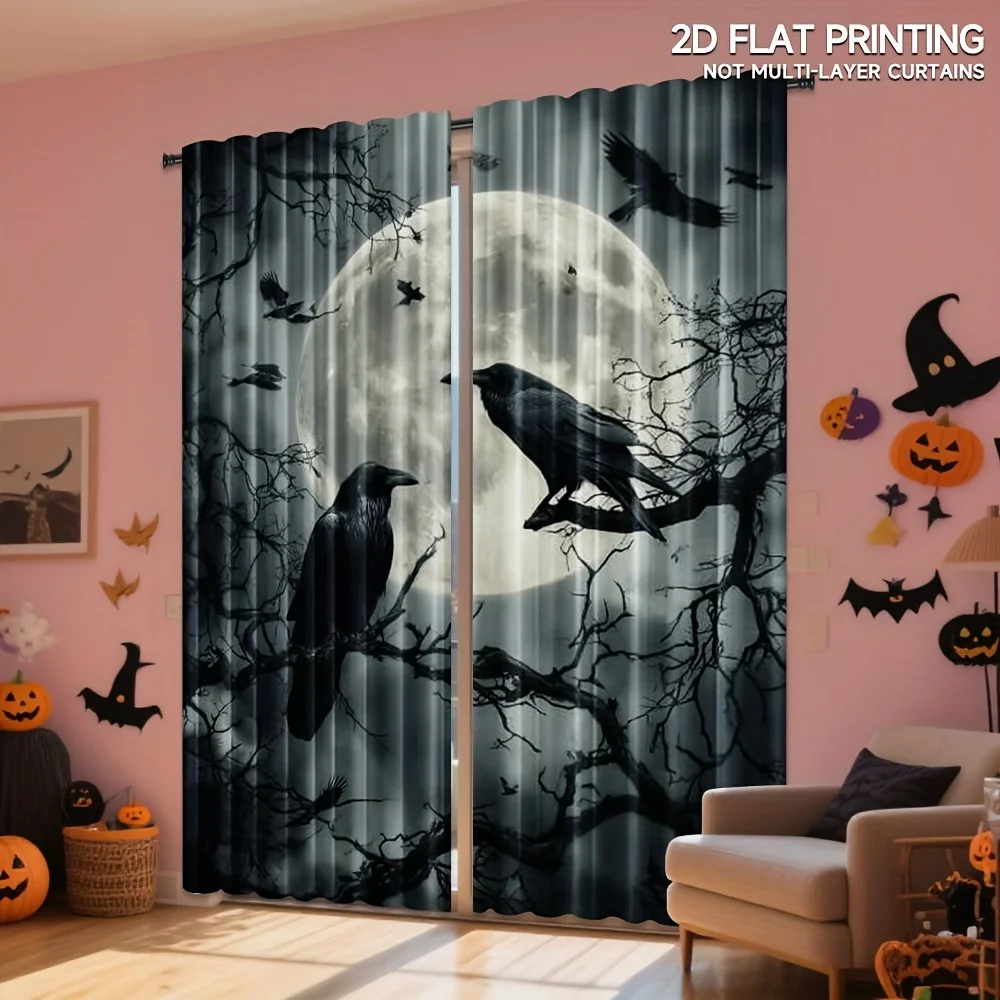 Vintage Horror Raven Twig Giant Moon Print Blackout Rod Pocket Curtain Gray Mysterious Zen Halloween Homestay Bedroom Rest Bay