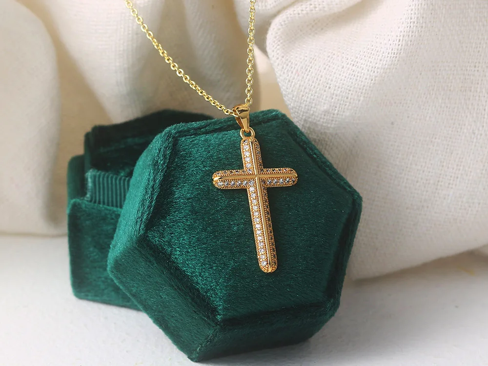 Hochwertige Goldfarbene Zirkon-Kreuz-Anhänger-Halskette, Goth-Choker für Frauen, Halloween-Geschenk, Großhandel Modeschmuck Geschenk – Detail 3