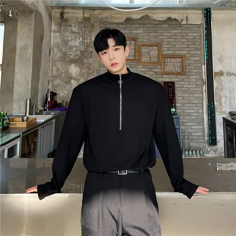 

Мужская тонкая толстовка Slim Fit с длинным рукавом, на молнии, с высоким воротником, повседневная, для ношения под одеждой, модная базовая модель, однотонная, из полиэстера и нейлона