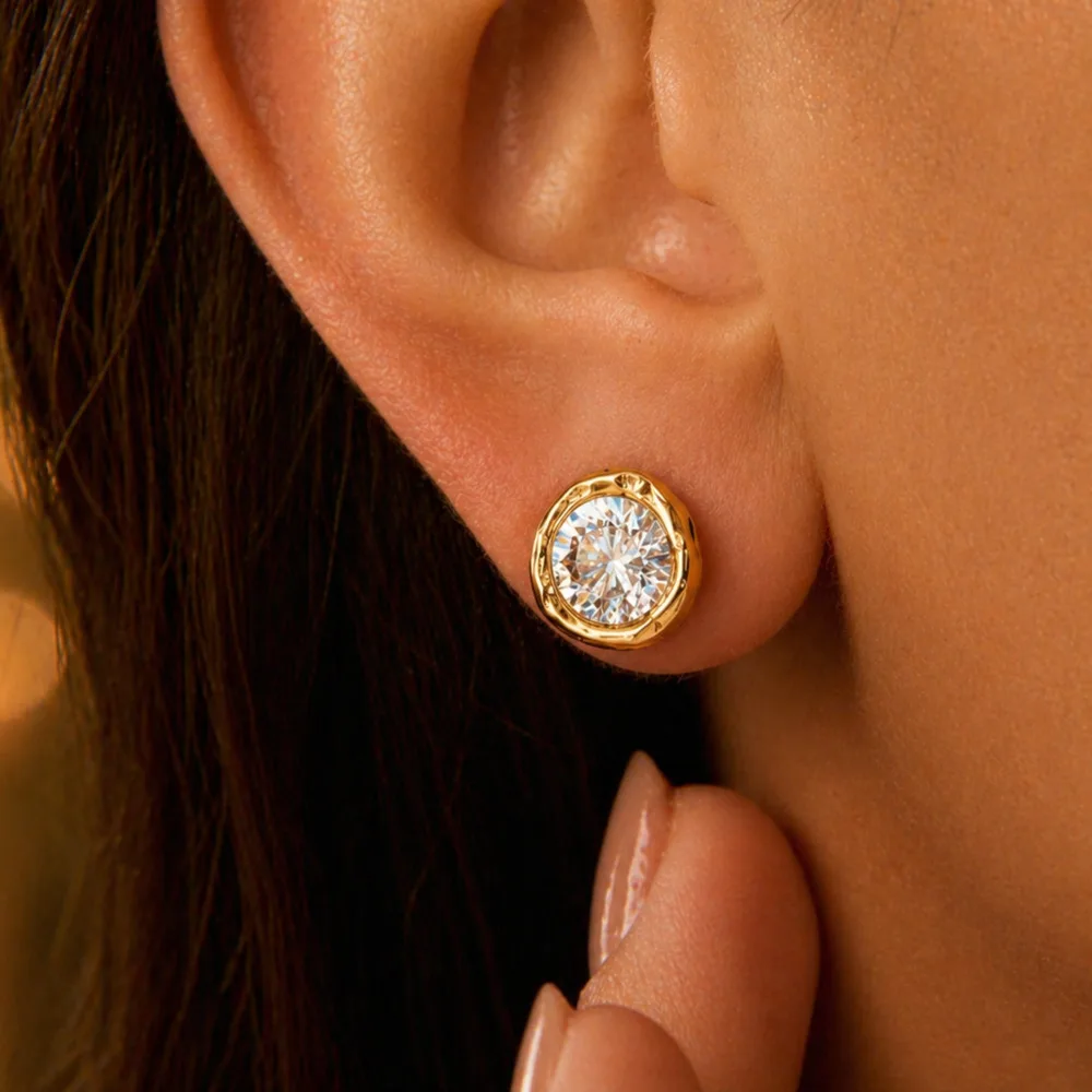 PuRui Shining Zircon 18K Gold Plated Stud Earrings for Women Stainless Steel Small Round Earrings Valentine's Day Jewelry Gifts