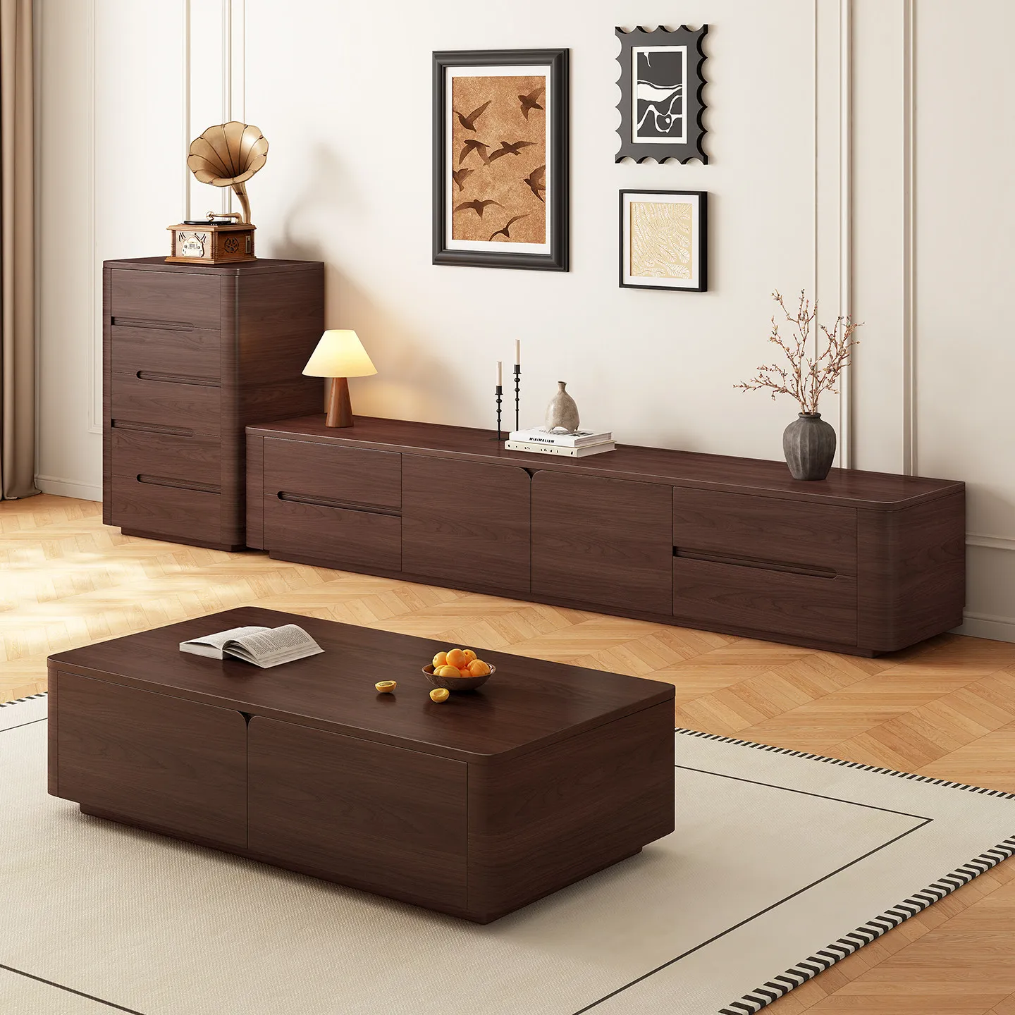 /Walnut Long Vintage Latest Design Floor Standing Storage Wooden Tv Cabinet Living Room Furniture Tv Stand