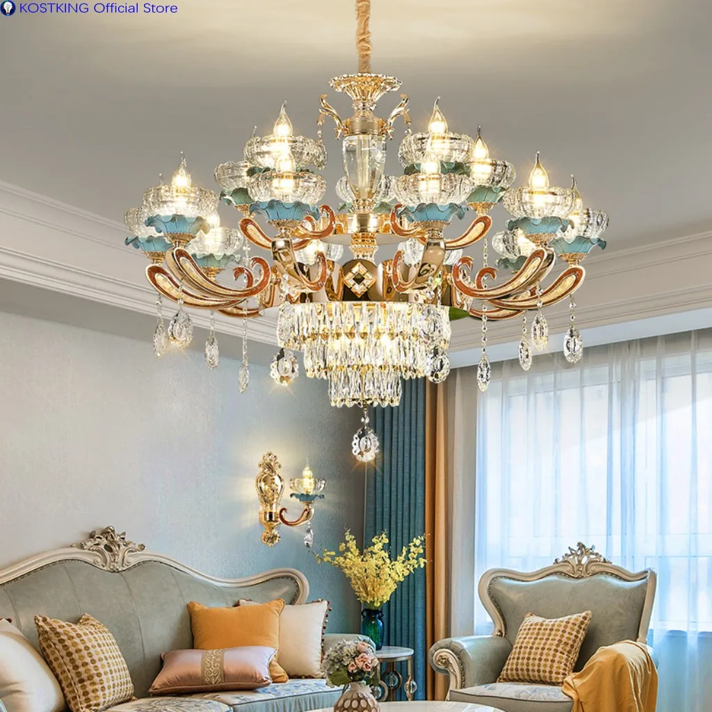 New European Crystal Ceramic Lamp Modern Light Luxury Living Room Bedroom Dining Room Villa Duplex Building Chandelier