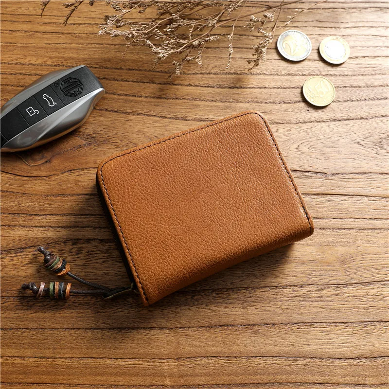 Genuine Leather Wallet For Men Women Original Cowhide Vintage Short Bifold Men's Purse Card Holder With Zipper Coin Pocket Bag