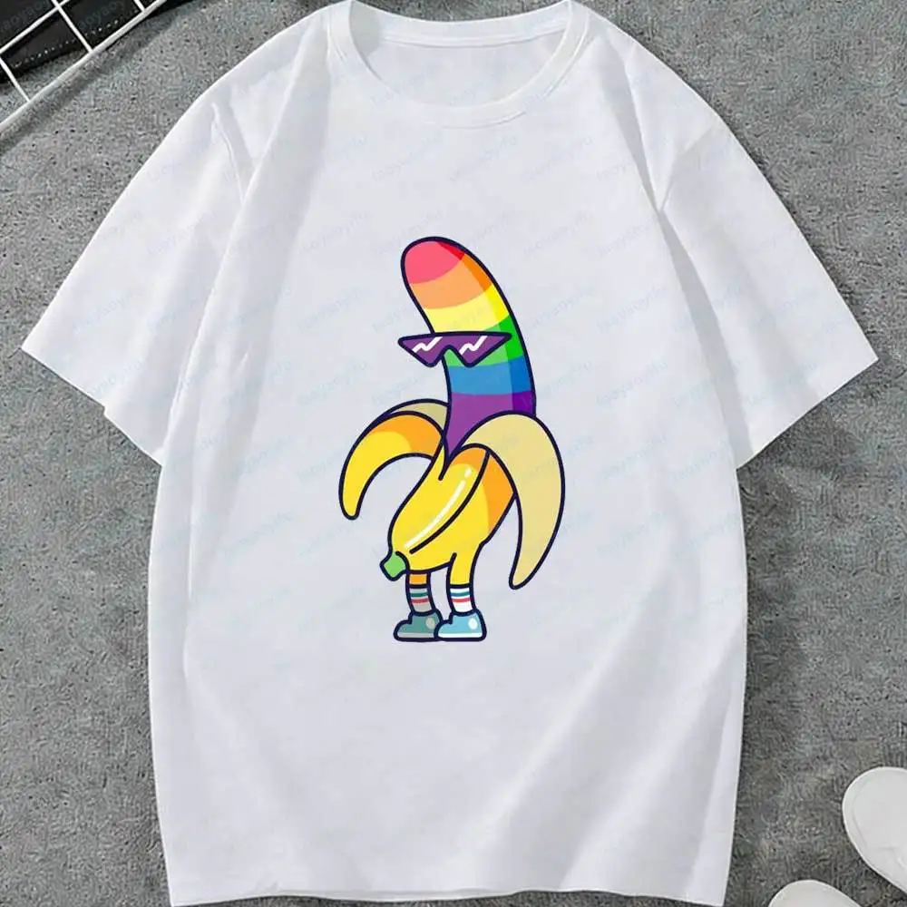 LGBT Cute Rainbow Banana Cartoon T-Shirt Funny Pride Print Cotton Casual Tee for Men Women LGBTQ+ Support Streetwear Graphic Top