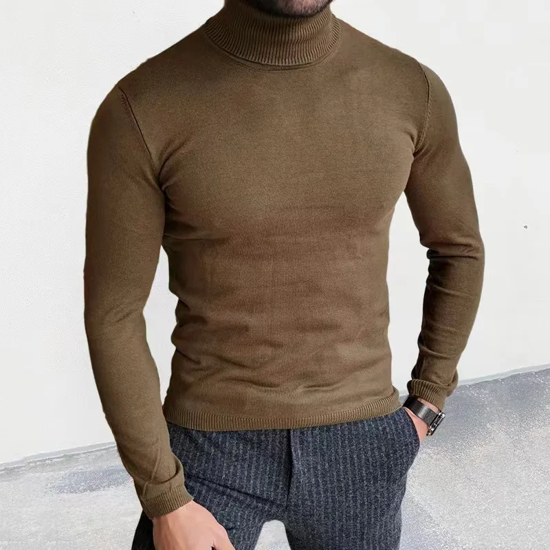 

Faionable High Ne Long Sve Knitted Sweater Pure Color Men's Autumn Winter Casual Wear Comfortable Polyester Blend
