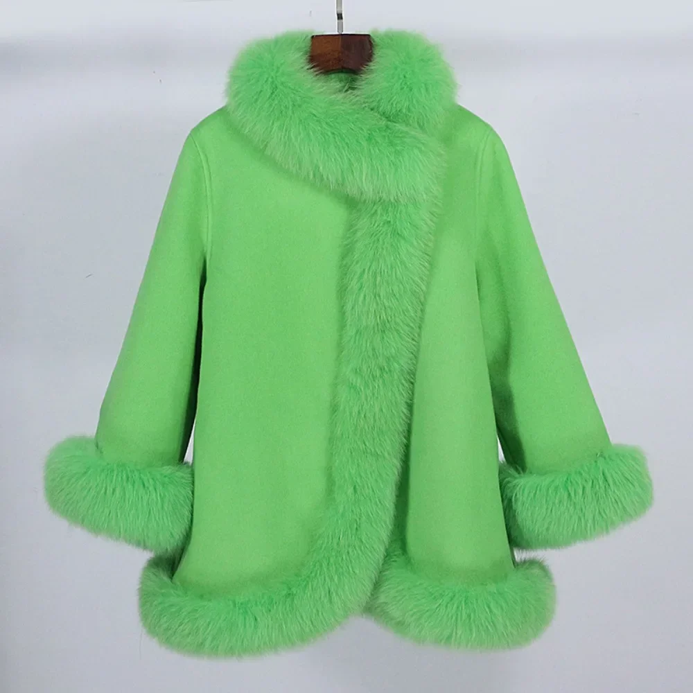 2025 Elegant Real Fur Coat Warm Oversized Real Fox Fur Collar Cuffs Elegant White Wool Coat Women Natural Fox Fur Jacket