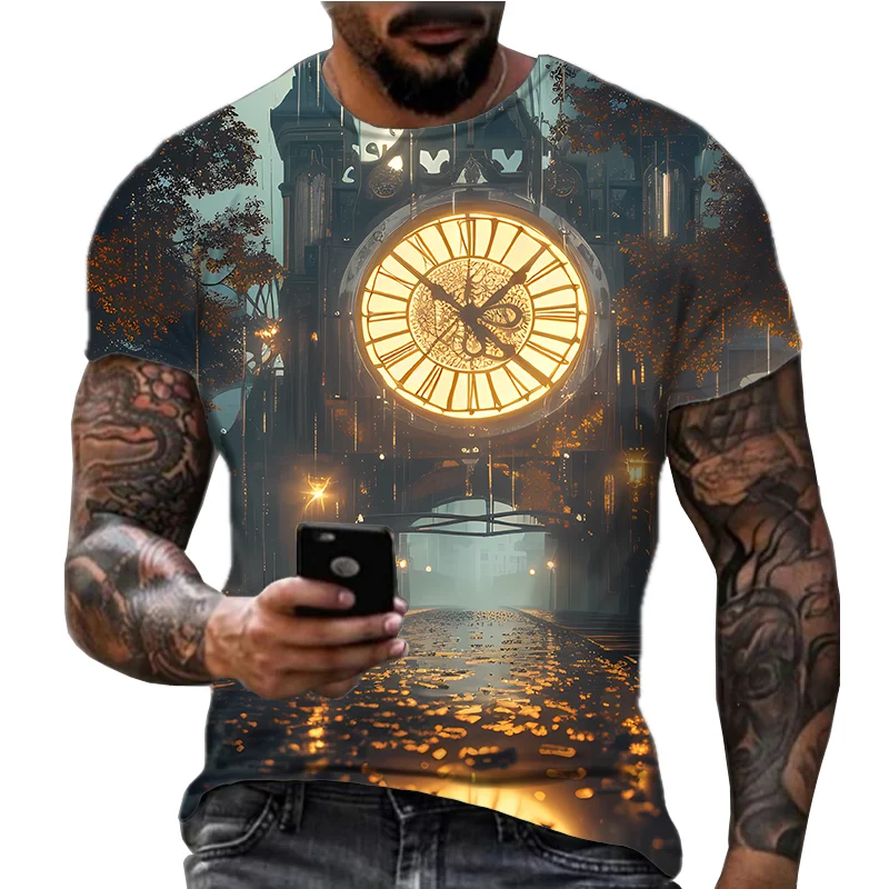 Bell Tower Pattern T-Shirt For Men Alarm Clock 3D Printed Short Sleeve Summer Casual Oversized Tees Streetwear O-Neck T Shirts