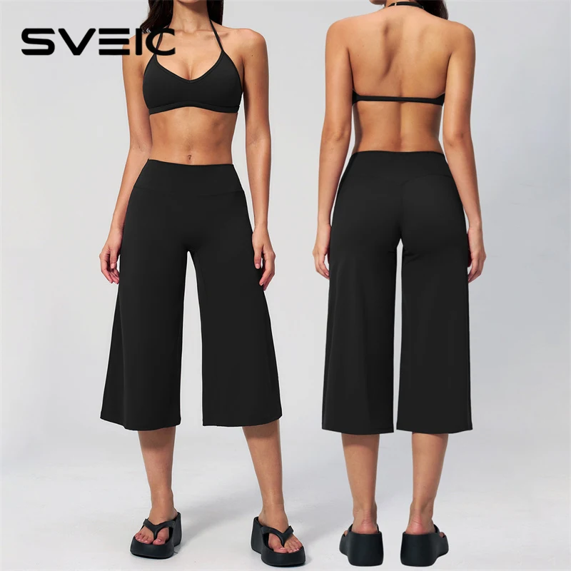 SVEIC MuseDrape Women Yoga Set V-neck Halter Bra Fitness High Waist Wide-Leg Pants 2 Piece Workout Athletic Running Gym Outfits