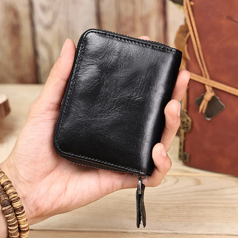 Etui na karty kredytowe Mini etui na karty Wizytownik Vintage prawdziwej skóry Organizer na bilety Pokrowiec Czarna portmonetka na zamek błyskawiczny