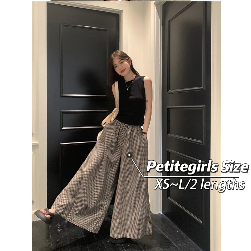 150 Short slouchy little plaid big swing culottes Women's summer cotton hemp high waist loose wide leg pants xs show height