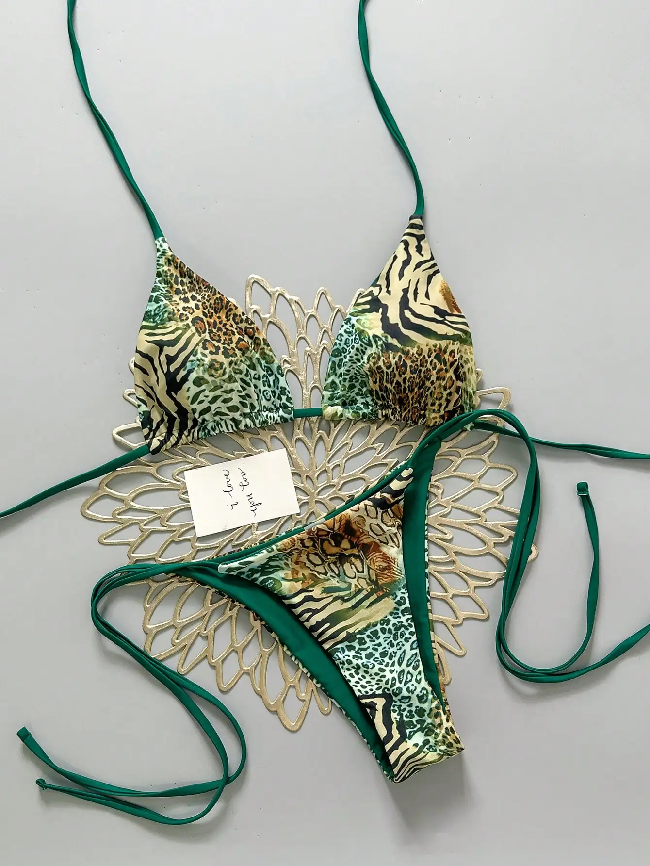 

Green Animal Print Triangle Bikini Set with Adjustable Straps